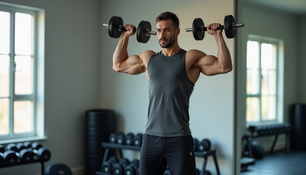picture of a man with two dumbells for blog post tricep pushdown dumbbell alternative